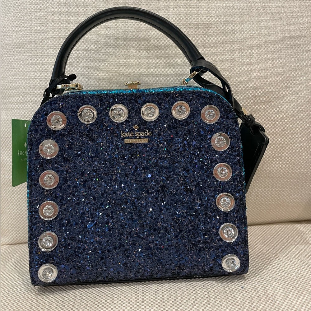 Kate Spade Violina Skyline Blue Glitter Sequin Marquis Bag. NWT